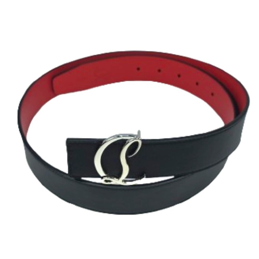 Christian Louboutin CL Logo Belt 40mm Black Calfskin Red Lining Silver Buckle - Picture 3 of 7